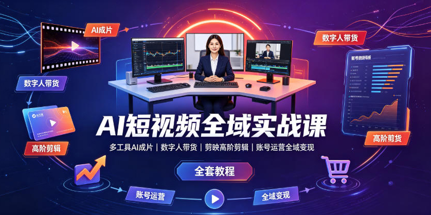 AI短视频全域实战课｜多工具AI成片、数字人带货、剪映高阶剪辑、账号运营全域变现全套教程