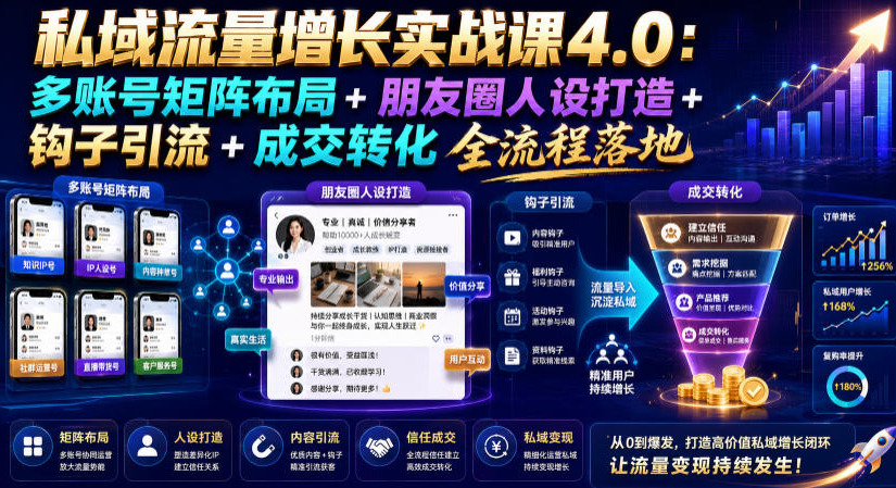 私域流量增长实战课4.0：多账号矩阵布局+朋友圈人设打造+钩子引流+成交转化全流程落地