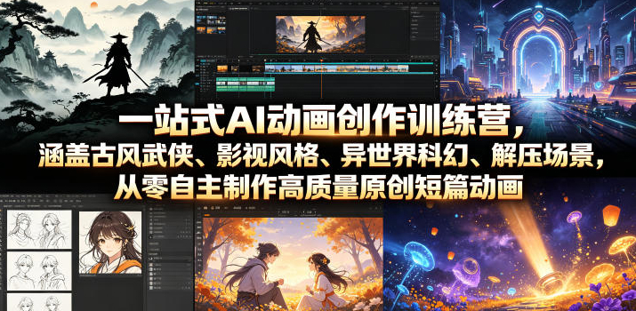 一站式AI动画创作训练营，涵盖古风武侠、影视风格、异世界科幻、解压场景，从零自主制作高质量原创短篇动画