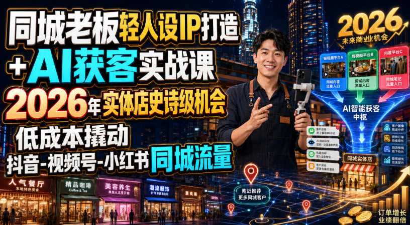 同城老板轻人设IP打造+AI获客实战课，2026年实体店史诗级机会，低成本撬动抖音-视频号-小红书同城流量