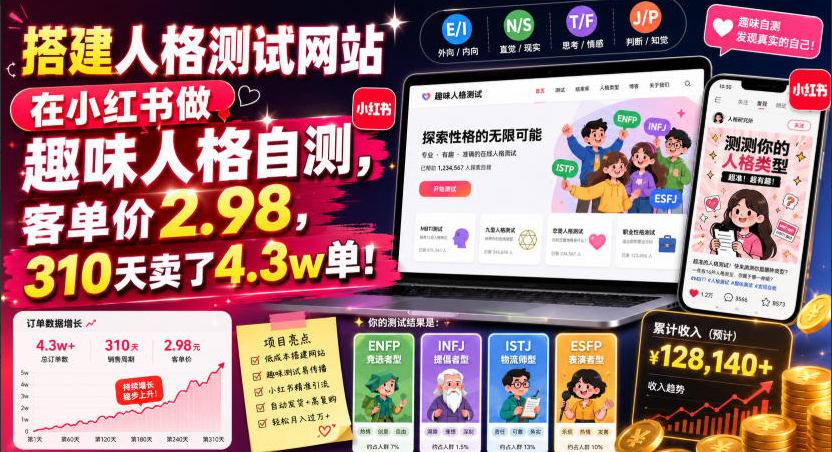 搭建人格测试网站在小红书做趣味人格自测，客单价2.98，310天卖了4.3w单！