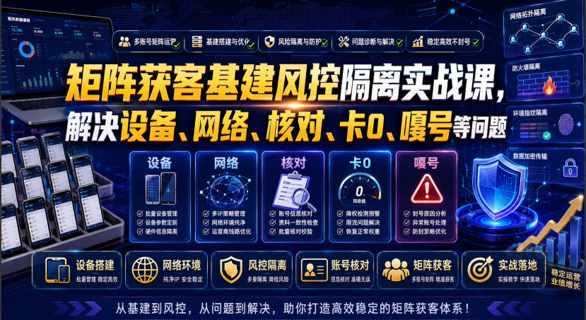 矩阵获客基建风控隔离实战课，解决设备、网络、核对、卡0、嘎号等问题