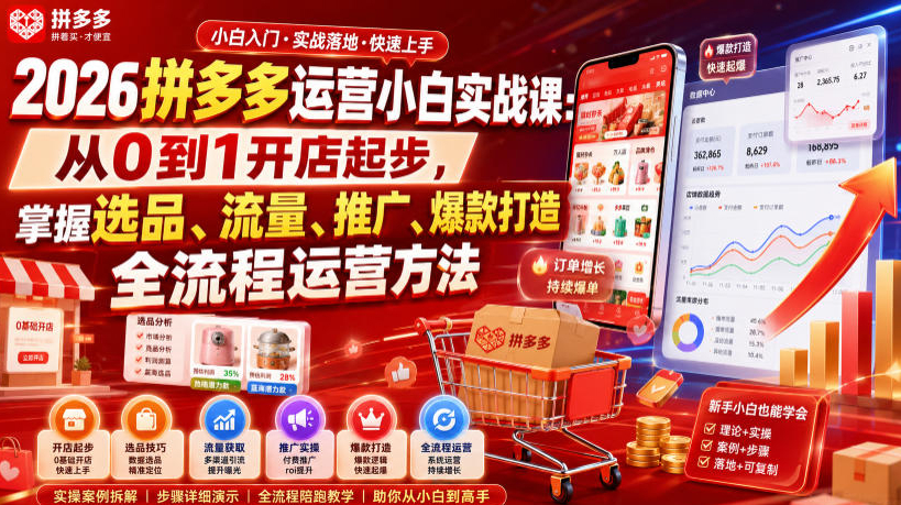 2026拼多多运营小白实战课：从0到1开店起步，掌握选品、流量、推广、爆款打造全流程运营方法