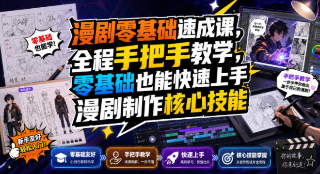 漫剧零基础速成课，全程手把手教学，零基础也能快速上手漫剧制作核心技能