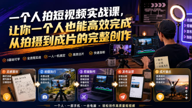 一个人拍短视频实战课，让你一个人也能高效完成从拍摄到成片的完整创作