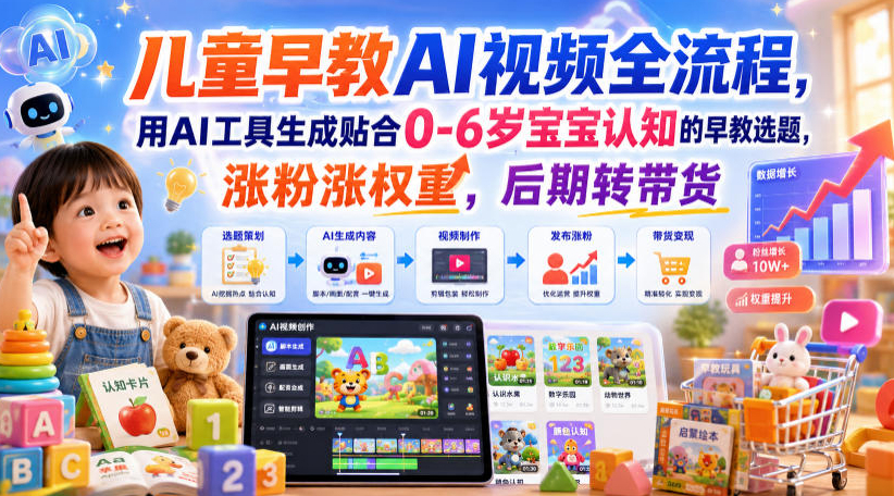 儿童早教AI视频全流程，用AI工具生成贴合0-6岁宝宝认知的早教选题，涨粉涨权重，后期转带货