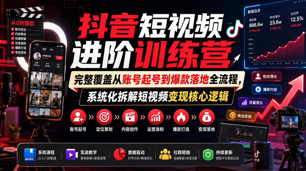 抖音短视频进阶训练营，完整覆盖从账号起号到爆款落地全流程，系统化拆解短视频变现核心逻辑