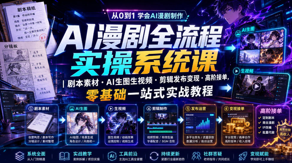 AI漫剧全流程实操系统课｜剧本素材?AI生图生视频?剪辑发布变现?高阶接单，零基础一站式实战教程