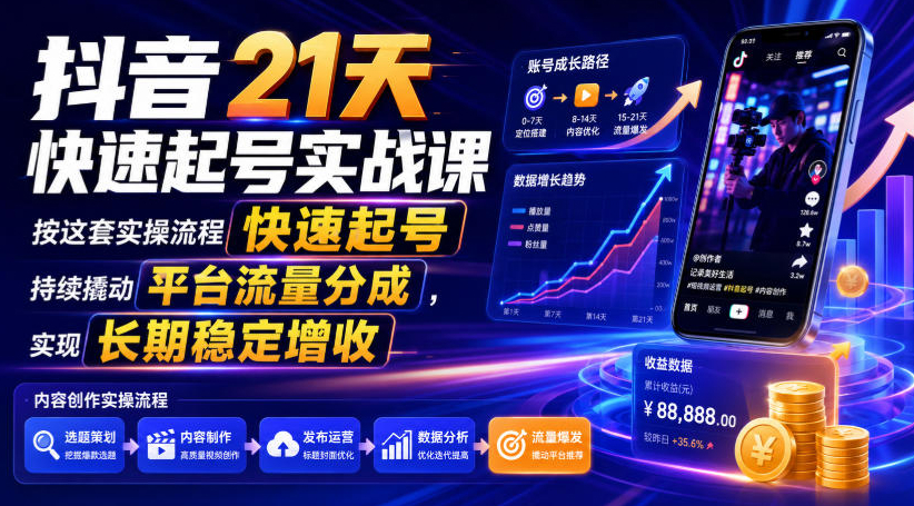 抖音21天快速起号实战课，按这套实操流程快速起号，持续撬动平台流量分成，实现长期稳定增收