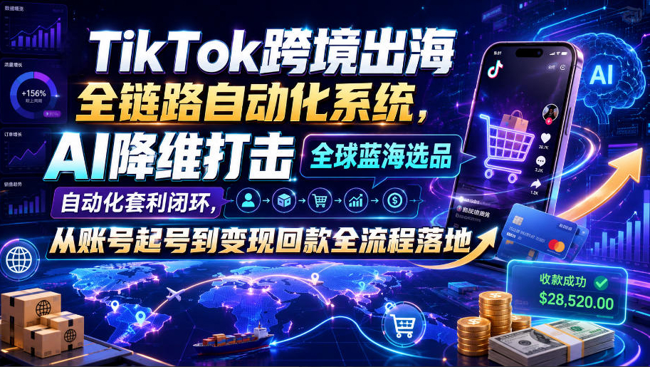 TikTok跨境出海全链路自动化系统，AI降维打击全球蓝海选品自动化套利闭环，从账号起号到变现回款全流程落地（2026年7月）