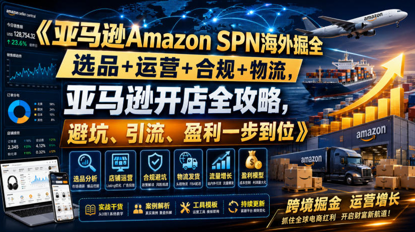 亚马逊Amazon SPN海外掘金，选品+运营+合规+物流，亚马逊开店全攻略，避坑、引流、盈利一步到位