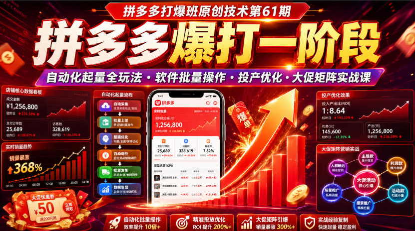 拼多多打爆班原创技术第61期，拼多多爆打一阶段，自动化起量全玩法·软件批量操作·投产优化·大促矩阵实战课