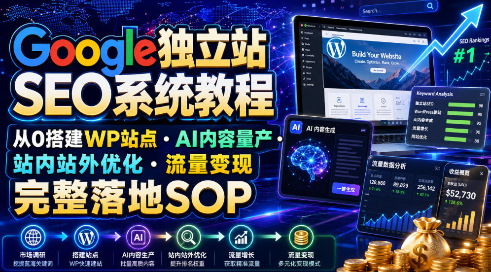 Google独立站SEO系统教程，从0搭建WP站点 AI内容量产 站内站外优化 流量变现完整落地SOP（2026年7月）