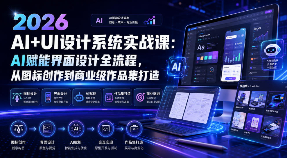 2026 AI+UI设计系统实战课：AI赋能界面设计全流程，从图标创作到商业级作品集打造