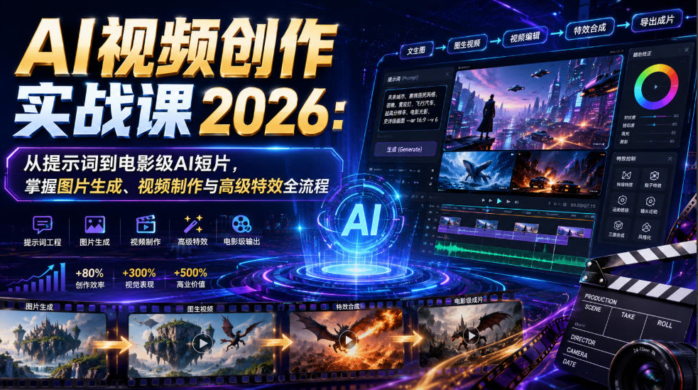 AI视频创作实战课2026：从提示词到电影级AI短片，掌握图片生成、视频制作与高级特效全流程