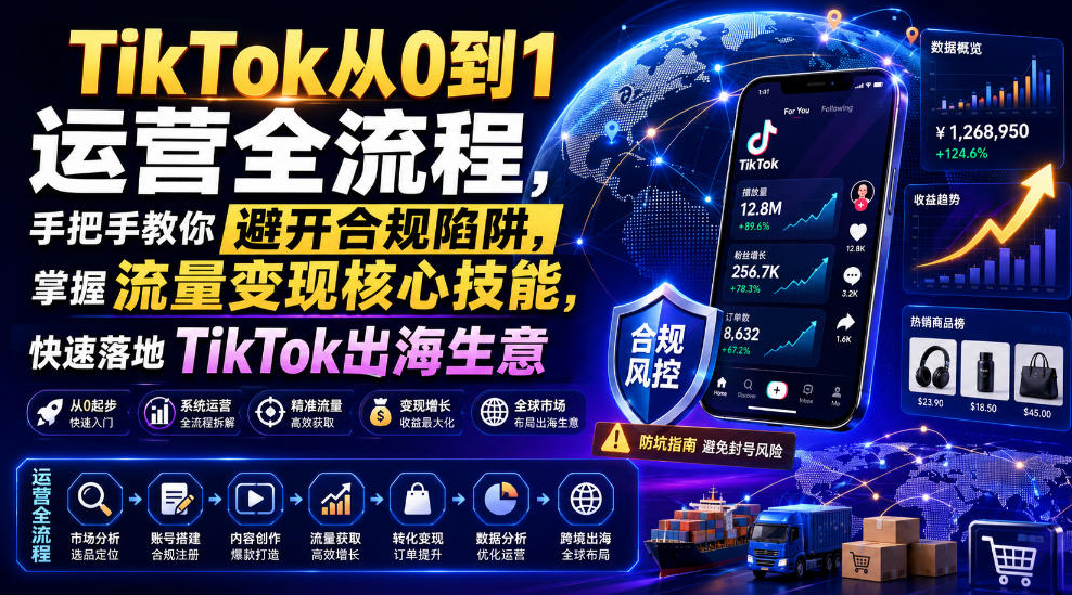 TikTok从0到1运营全流程，手把手教你避开合规陷阱，掌握流量变现核心技能，快速落地TikTok出海生意