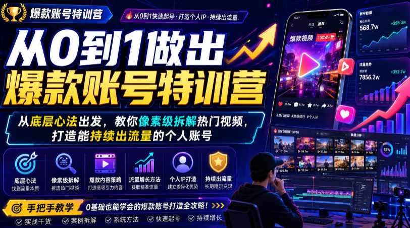 从0到1做出爆款账号特训营，从底层心法出发，教你像素级拆解热门视频，打造能持续出流量的个人账号
