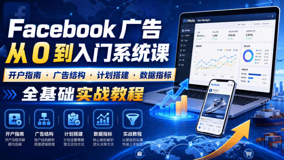 Facebook广告新手从0到入门系统课｜开户指南?广告结构?计划搭建?数据指标全基础实战教程