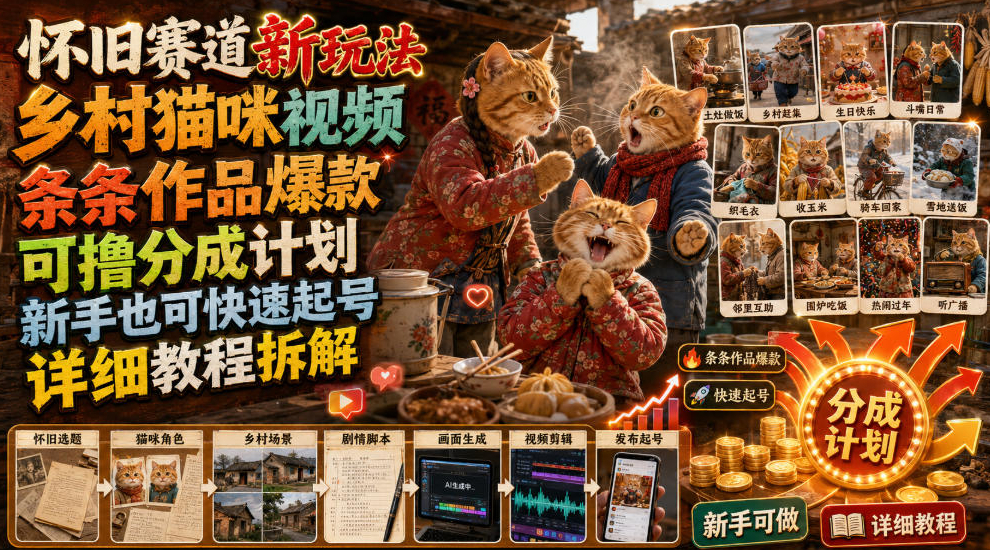 怀旧赛道新玩法，乡村猫咪视频，条条作品爆款，可撸分成计划，新手也可快速起号，详细教程拆解