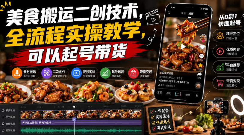 美食搬运二创技术，全流程实操教学，可以起号带货