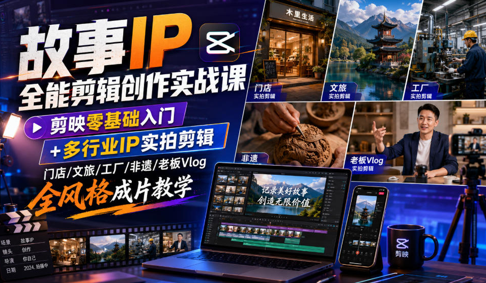 故事IP全能剪辑创作实战课｜剪映零基础入门+多行业IP实拍剪辑，门店/文旅/工厂/非遗/老板Vlog全风格成片教学