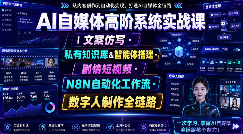 AI自媒体高阶系统实战课｜文案仿写·私有知识库&智能体搭建·剧情短视频·N8N自动化工作流·数字人制作全链路