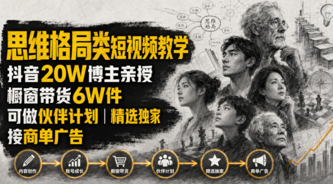 人性思维格局类短视频教学，抖音20W博主亲授，橱窗带货6W件，可做伙伴计划、精选独家、接商单广告