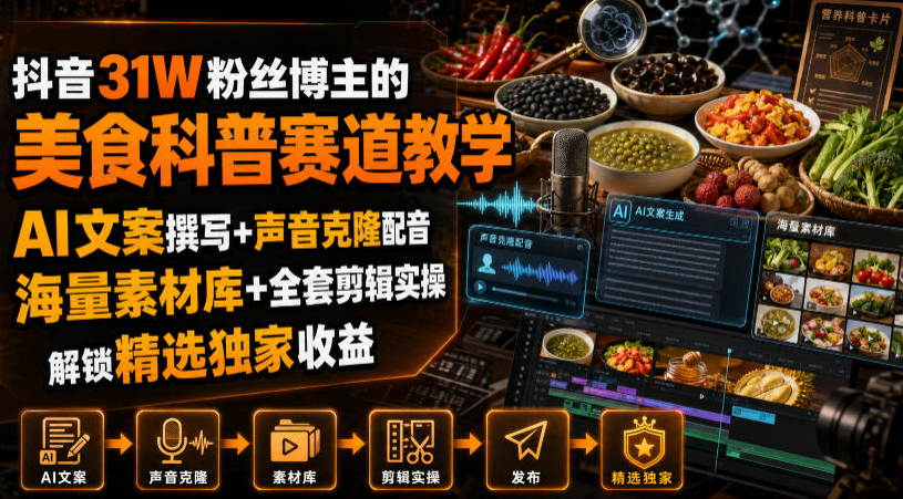 抖音31W粉丝博主的美食科普赛道教学，AI文案撰写+声音克隆配音+剪辑实操，解锁精选独家收益
