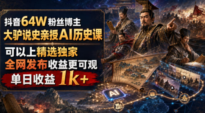 抖音64W粉丝博主大驴说史亲授AI历史课，可以上精选独家，全网发布收益更可观，单日收益1k+