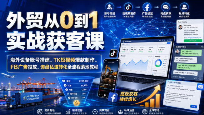 外贸从0到1实战获客课｜海外设备账号搭建、TK短视频爆款制作、FB广告投放、询盘私域转化全流程落地教程