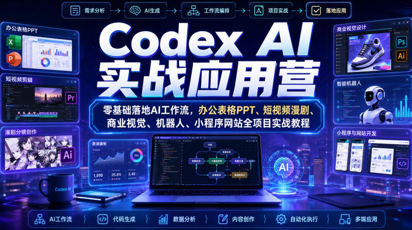 Codex AI实战应用营｜零基础落地AI工作流，办公表格PPT、短视频漫剧、商业视觉、机器人、小程序网站全项目实战教程