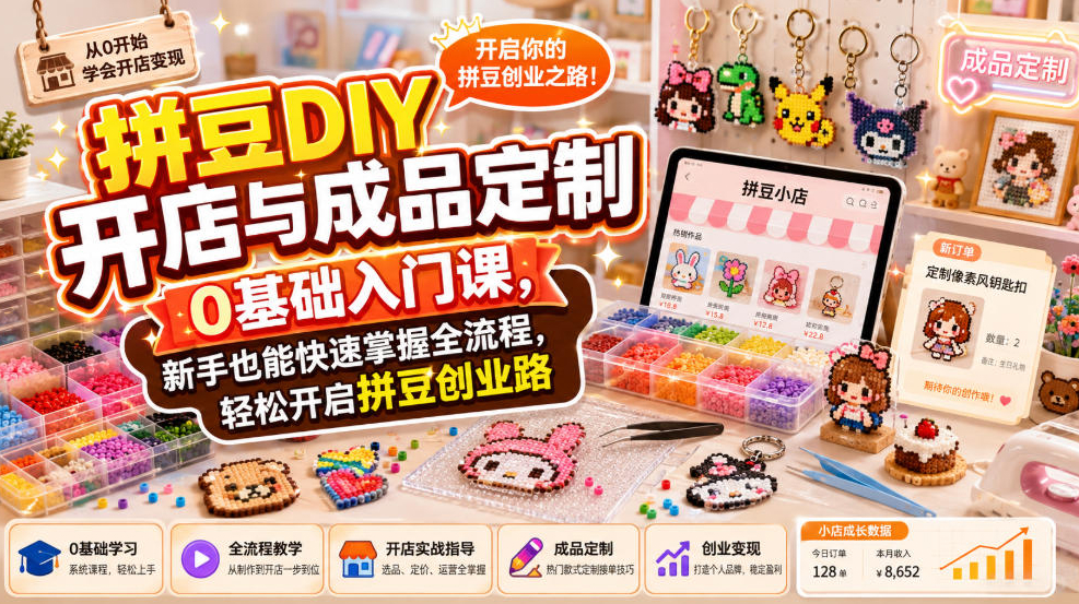 拼豆DIY开店与成品定制0基础入门课，新手也能快速掌握全流程，轻松开启拼豆创业路