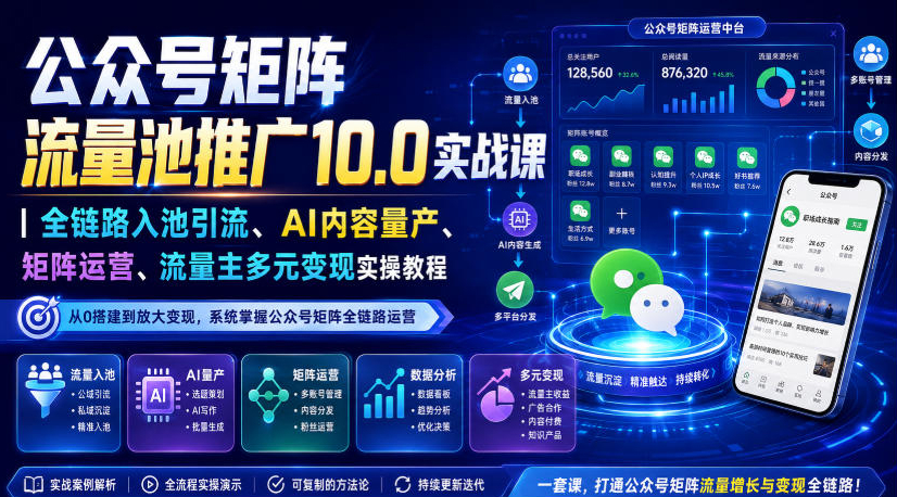 公众号矩阵流量池推广10.0实战课｜全链路入池引流、AI内容量产、矩阵运营、流量主多元变现实操教程
