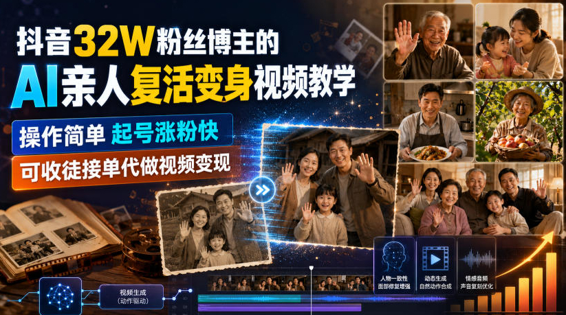 抖音32W粉丝博主的AI亲人复活变身视频教学，操作简单，起号涨粉快，可收徒接单代做视频变现