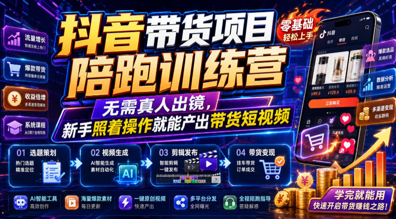 抖音带货项目陪跑训练营，无需真人出镜，新手照着操作就能产出带货短视频