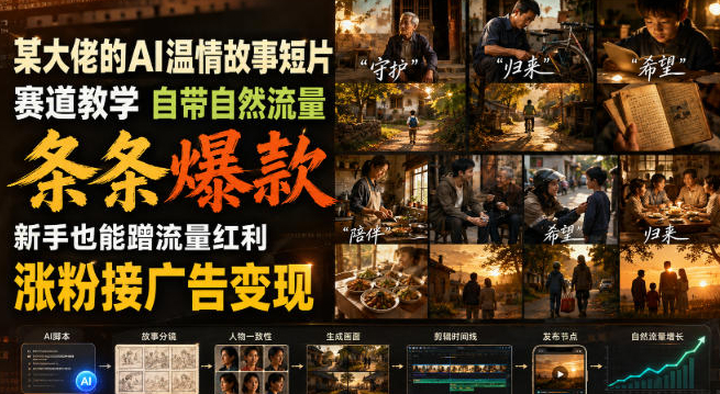 某大佬的AI温情故事短片赛道教学，自带自然流量，条条爆款，新手也能蹭流量红利，涨粉接广告变现
