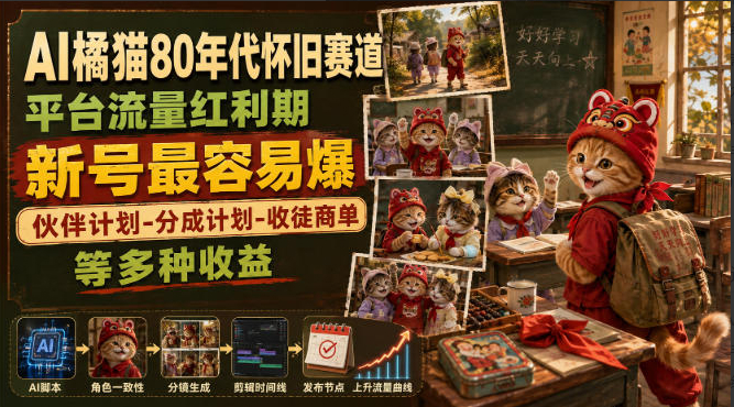 AI橘猫80年代怀旧赛道，平台流量红利期，新号最容易爆，伙伴计划-分成计划-收徒商单等多种收益
