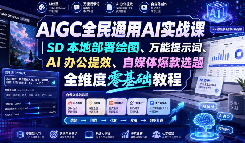 AIGC全民通用AI实战课｜SD本地部署绘图、万能提示词、AI办公提效、自媒体爆款选题全维度零基础教程