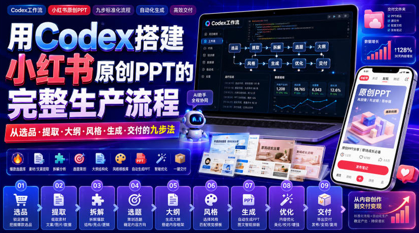 用Codex搭建小红书原创PPT的完整生产流程，从选品·提取·大纲·风格·生成·交付的九步法