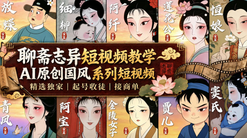 聊斋志异短视频教学，AI原创国风系列短视频，精选独家丨起号收徒丨接商单