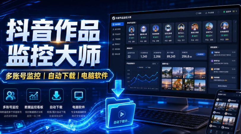 抖音作品监控大师，多账号监控丨自动下载丨电脑软件