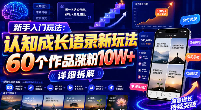 新手入门玩法：认知成长语录新玩法，60个作品涨粉10W+，详细拆解