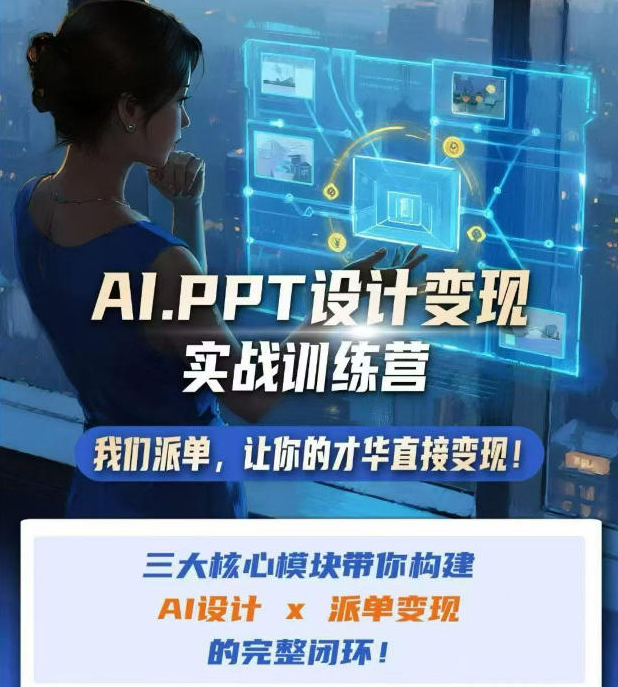 AI+PPT设计变现实战训练营，我们派单，让你的才华直接变现，三大核心模块带你构建Al设计x派单变现的完整闭环