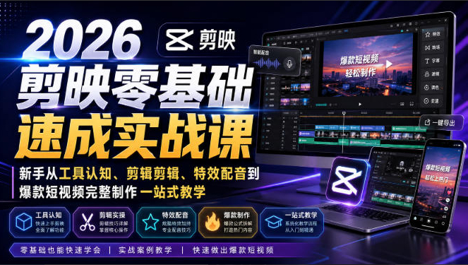 2026剪映零基础速成实战课｜新手从工具认知、剪辑剪辑、特效配音到爆款短视频完整制作一站式教学