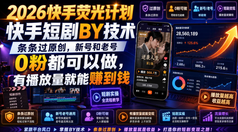 2026快手荧光计划，快手短剧搬运技术，条条过原创，新号和老号0粉都可以做，有播放量就能賺到钱