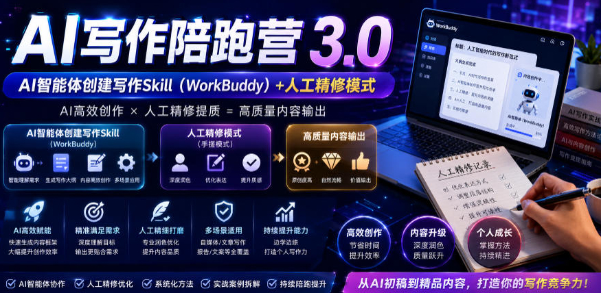 AI写作陪跑营3.0，Ai智能体创建写作skill（workbuddy）+人工手写模式（手搓模式），去除AI痕迹（头条号、公众号、百家号）（更新）