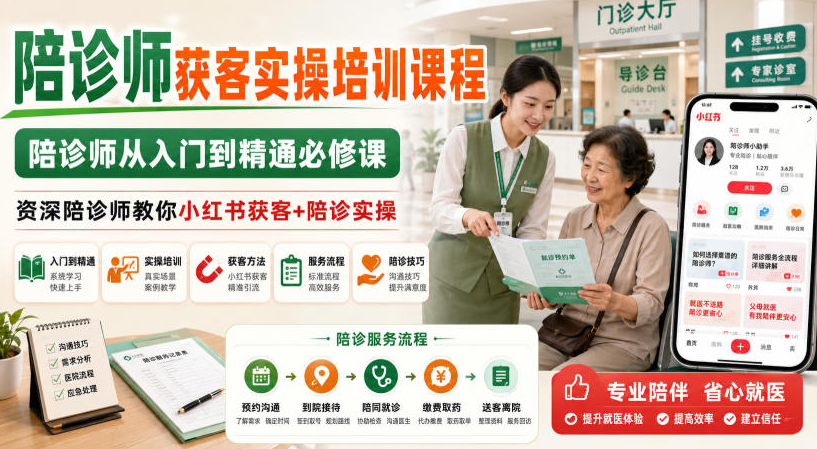 陪诊师获客实操培训课程，陪诊师从入门到精通必修课，资深陪诊师教你小红书获客+陪诊实操
