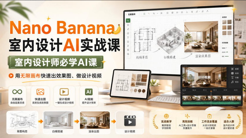 Nano Banana室内设计AI实战课，室内设计师必学AI课，用无限画布快速出效果图、做设计视频
