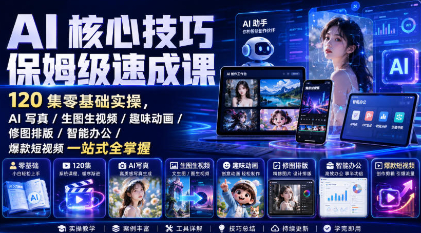 AI核心技巧保姆级速成课｜120集零基础实操，AI写真/生图生视频/趣味动画/修图排版/智能办公/爆款短视频一站式全掌握