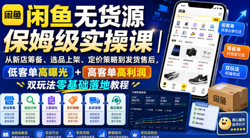 闲鱼无货源保姆级实操课｜从新店筹备、选品上架、定价策略到发货售后，低客单高曝光+高客单高利润双玩法零基础落地教程